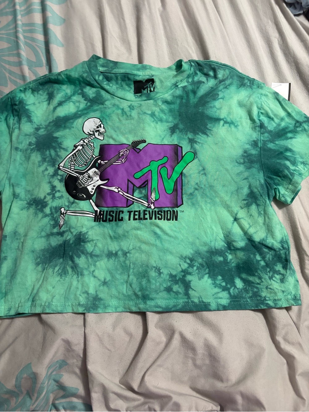 MTV Tie-Dye Green Cropped Tee with Skeleton Graphic